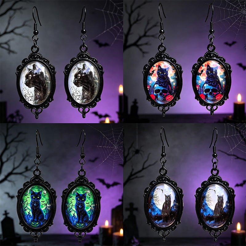 Gothic Halloween Cat Earrings For Unisex Featuring Zinc Alloy And Gem Inlay