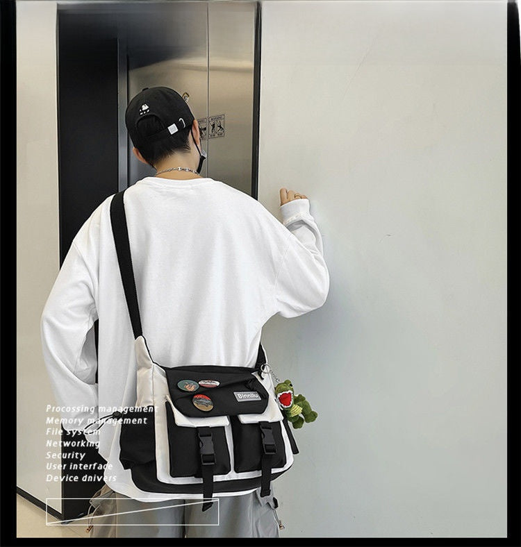 Men's Cylindrical Oxford Cloth Messenger Bag With Sewing Thread Pattern And Single Shoulder Strap