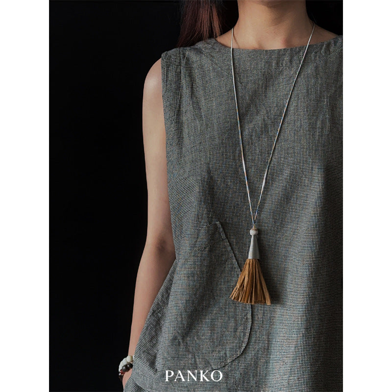 Bohemian Tassel Sweater Chain Necklace For Women With Raffia Pendant In Mixed Materials
