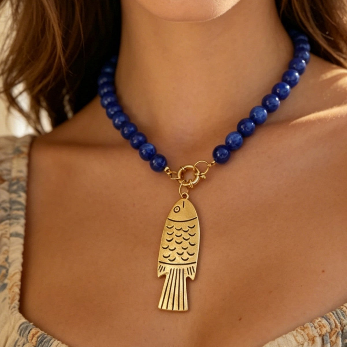 Bohemian Royal Blue Fish Beading Necklace For Women With Zinc Alloy Pendant