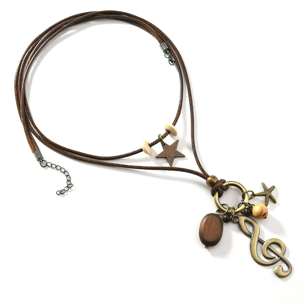 Handmade Bohemian Unisex Sweater Chain Necklace In Brown With Alloy Pendant, Crafted From Mixed Materials