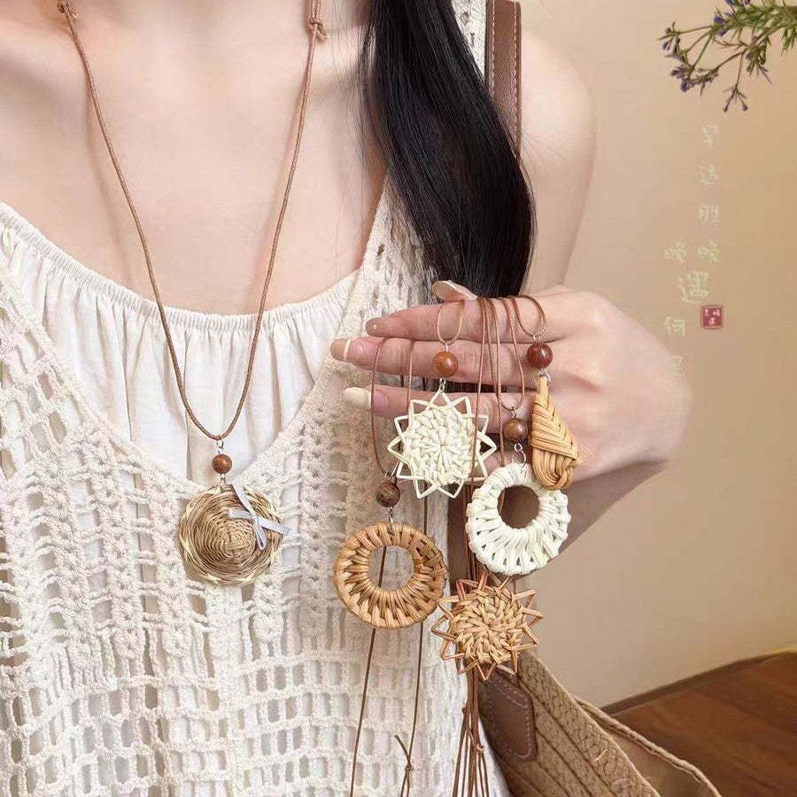 Bohemian Geometric Long Necklace For Women With Coffer Straw Braid And Woven Chain