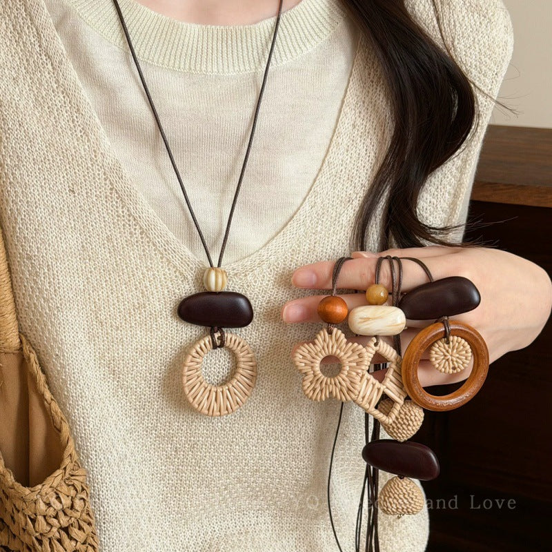 Ethnic Style Long Necklace For Women With Braid Craft And Woven Chain In Mixed Materials