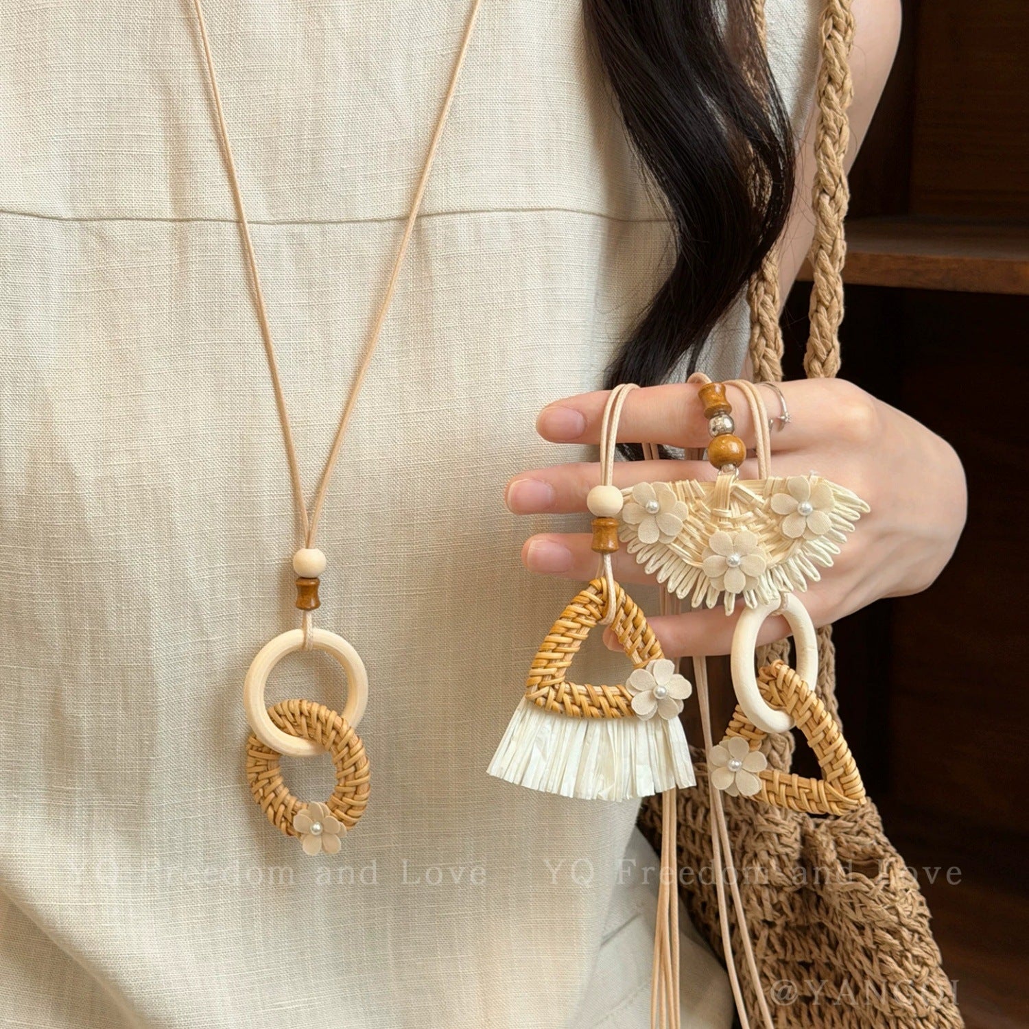 Bohemian Flowers Braid Necklace For Women With Wooden Pendant And Woven Chain