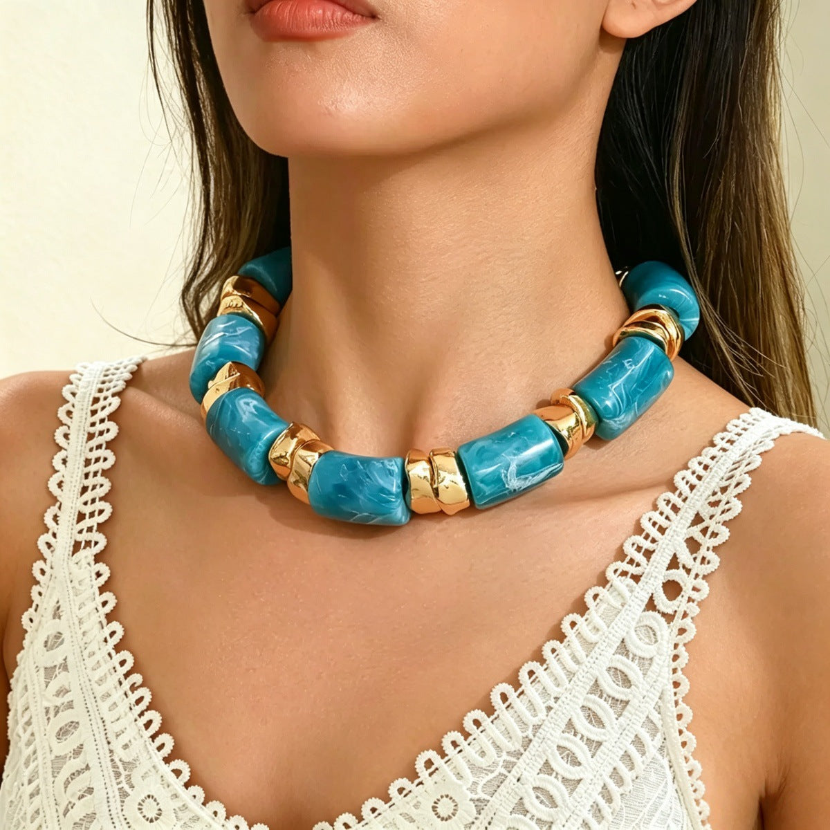 Bohemian Geometric Beaded Necklace For Women In Blue Acrylic With Tube Chain