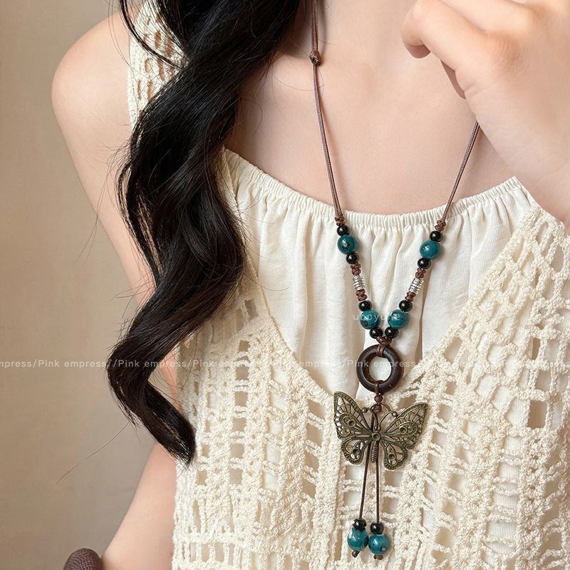 Bohemian Butterfly Long Necklace For Women With Bronze Beading And Woven Chain Craft