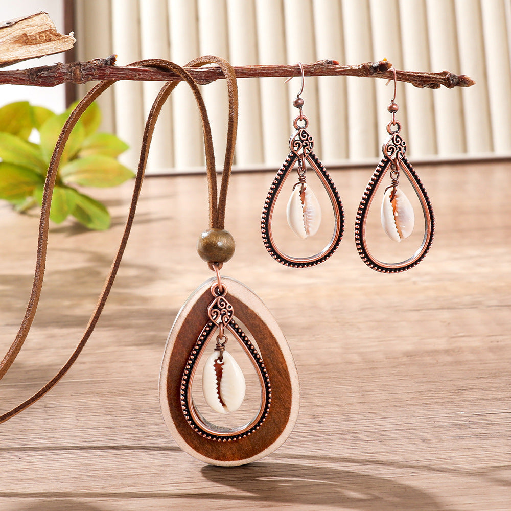 Bohemian Women’s Necklace Jewelry Set Featuring Water Droplets Pattern With Electroplated Shell And Wood Materials