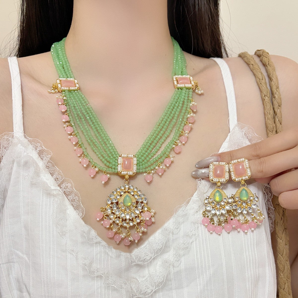 Bohemian Ethnic Tassel Necklace For Women Featuring Alloy Pendant With Crystal Inlay