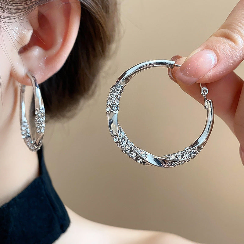 Exaggerated Twist Circle Hoop Earrings For Women In Metal With Rhinestone Inlay