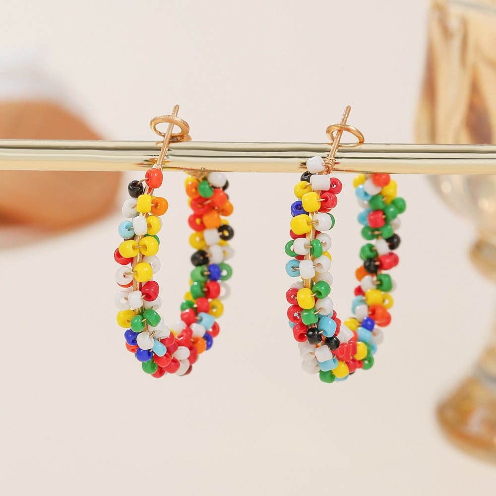 Handmade Ethnic Style Circle Earrings With Seed Bead Inlay, Featuring 304 Stainless Steel Studs For Women