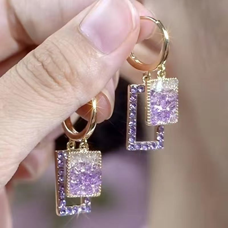 Geometric Purple Earrings For Women Featuring Alloy Material And Copper Ear Pins With Zircon Inlay
