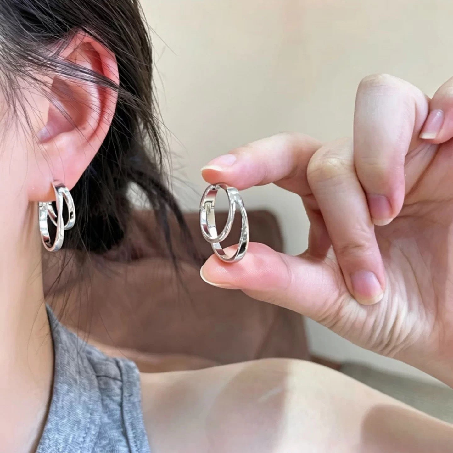 Double Ring Earrings For Women In Gold Featuring Electroplated Finish With Copper Ear Pins