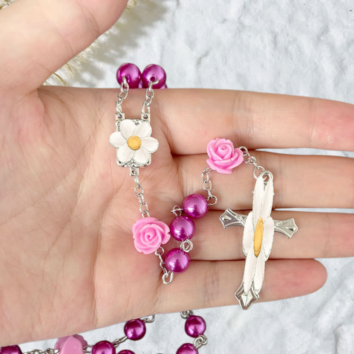 Exaggerated Purple Rose Rosary Necklace With Imitation Pearl And Glass Bead Pendant In Zinc Alloy On Ball Chain For Unisex