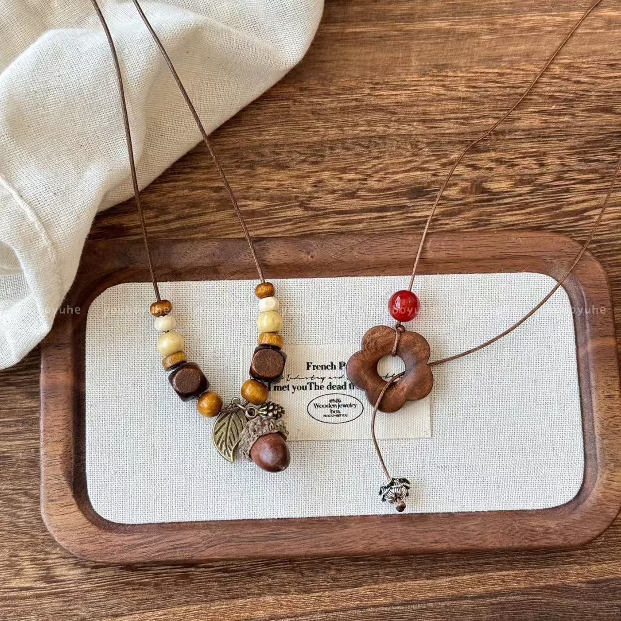 Ethnic Style Flowers Beading Sweater Chain Necklace For Women With Wood Pendant