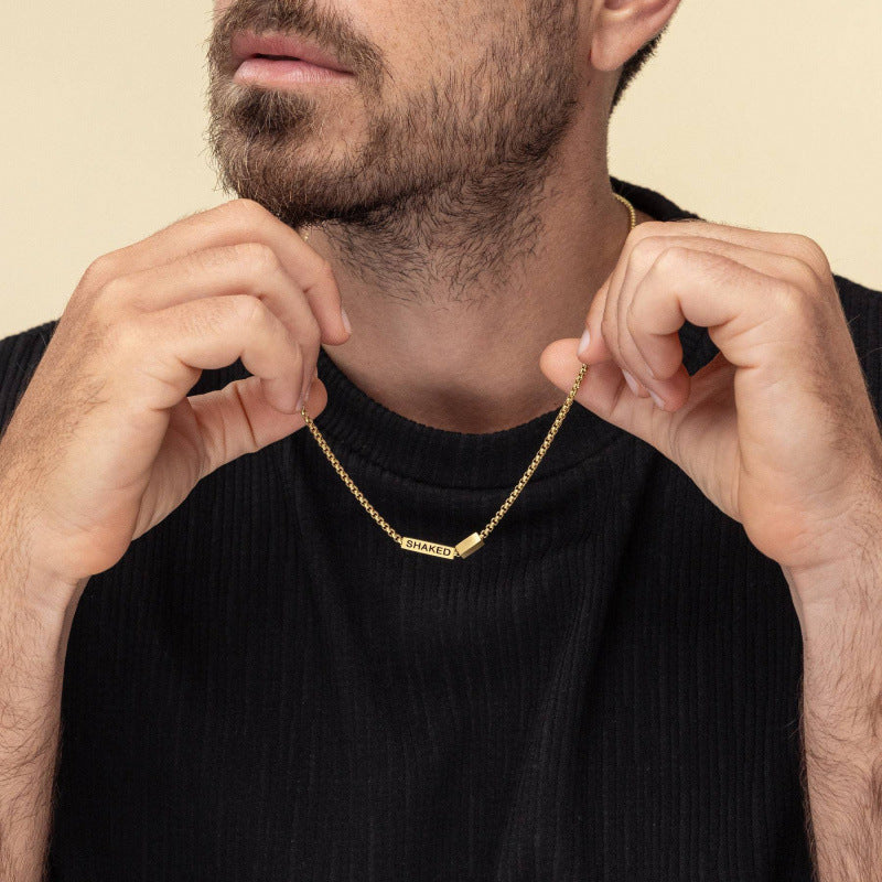 Men's Gold Metal Necklace With Carving Pendant On Box Chain, Perfect Gift For Father's Day