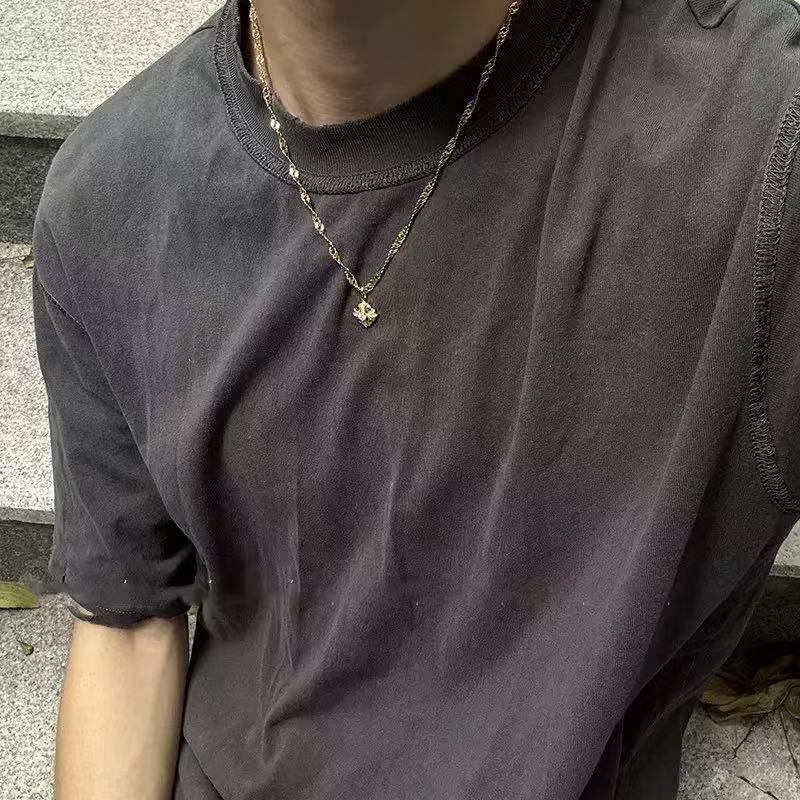 Geometric Pendant Necklace For Men In Real Gold Plated 304 Stainless Steel With Copper Pendant And Zircon Inlay