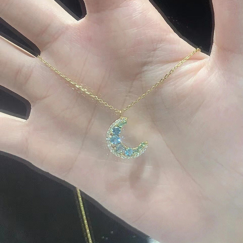 Moon Pendant Necklace For Women In Blue, 304 Stainless Steel With Golden Plated Copper Pendant And Zircon Inlay