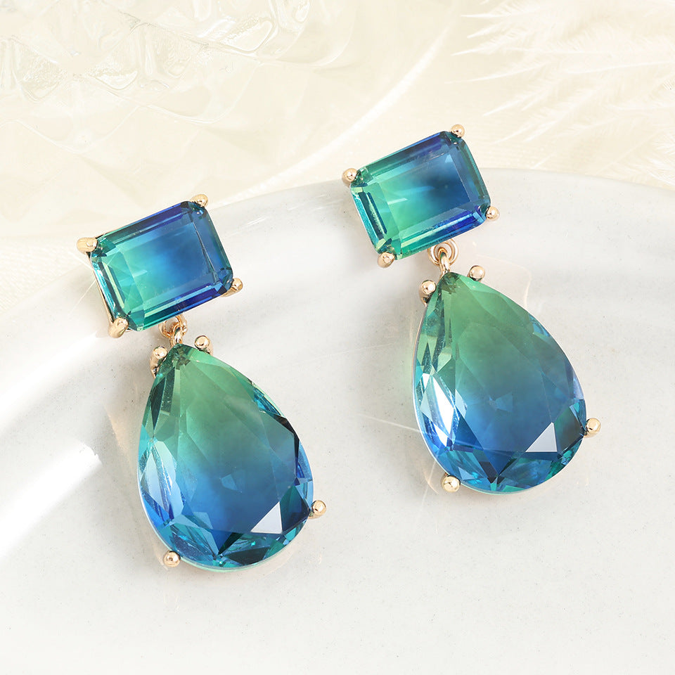 Geometric Earrings For Women In Cyan Featuring Copper Ear Pins And Zircon Inlay Material