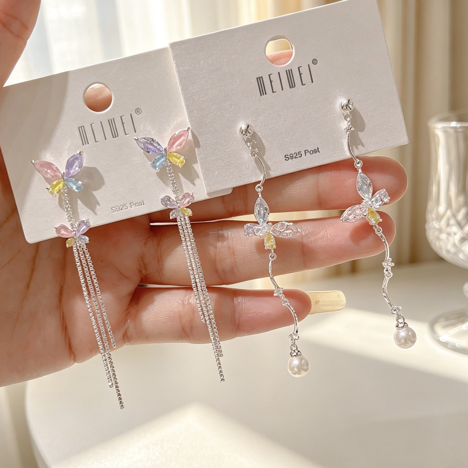 Butterfly Tassel Drop Earrings For Women In Sweet Style With 925 Sterling Silver Studs And Copper Zircon Inlay