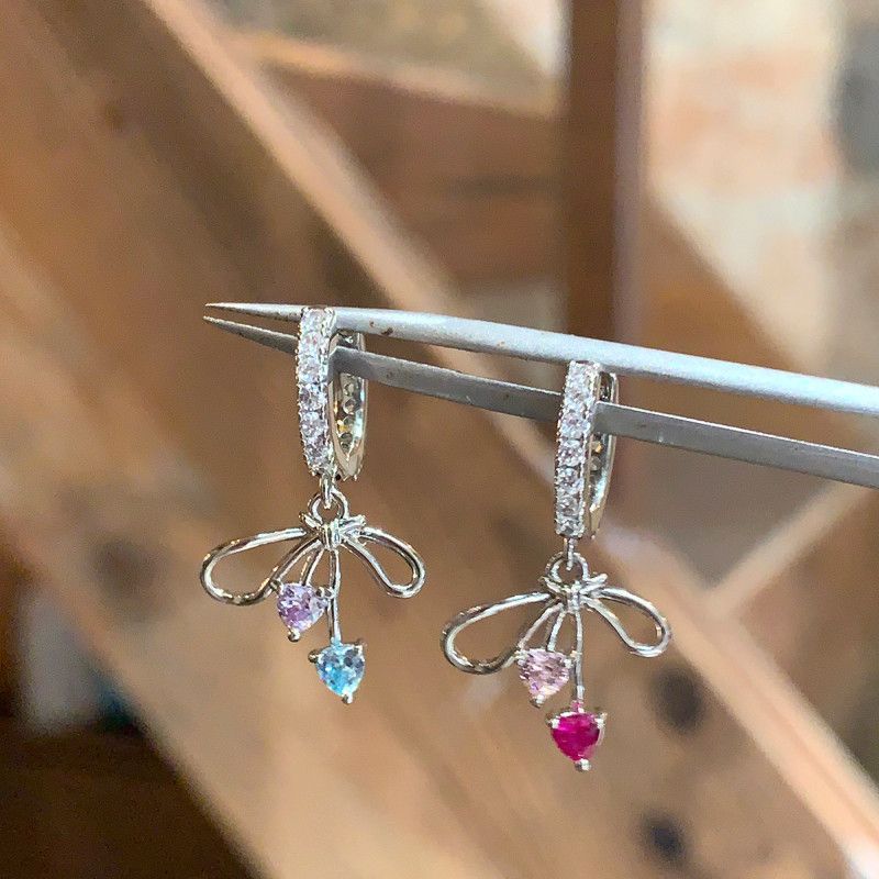 Bow Tie Stud Earrings For Women With 304 Stainless Steel Posts, Sweet Style, Electroplated Alloy And Rhinestone Inlay