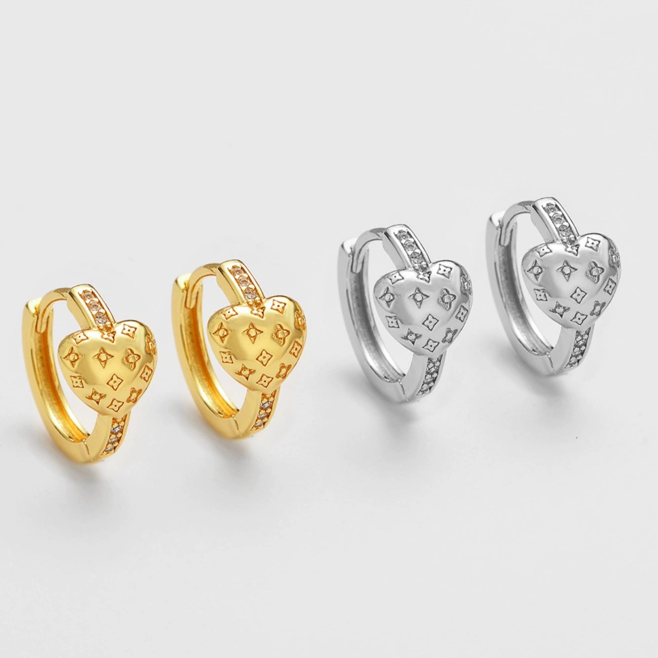 Heart Shape Stud Earrings For Women Featuring Copper Posts With Electroplated Gold And Zircon Inlay