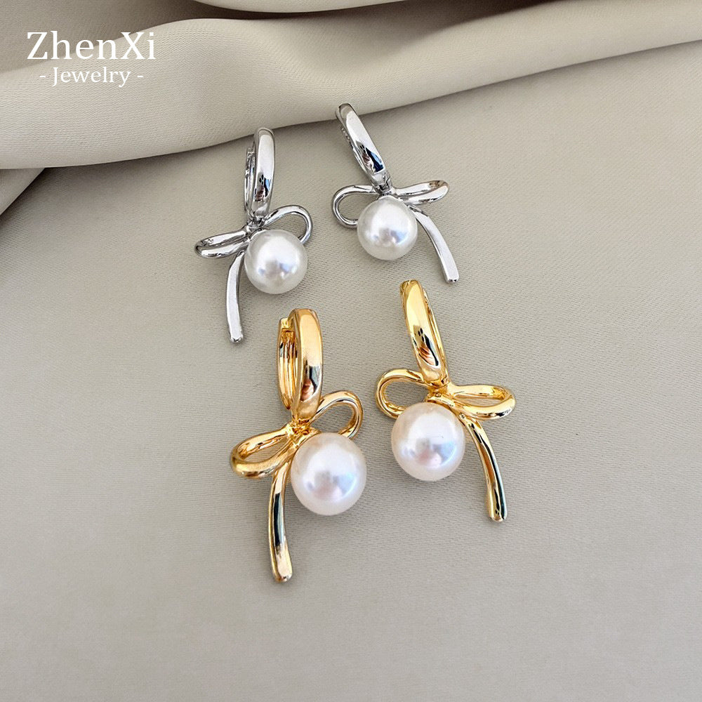 Elegant Bow Tie Earrings For Women In Electroplated Copper With Artificial Pearl Inlay