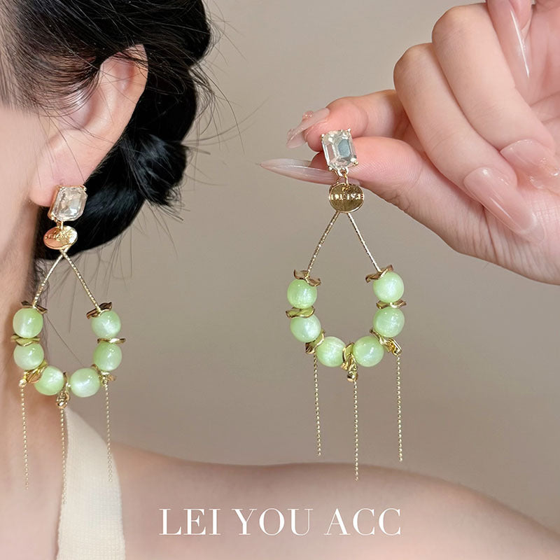 Exaggerated Tassel Earrings For Women In Green Featuring Beading Craft And Rhinestone Inlay With Zinc Alloy Material