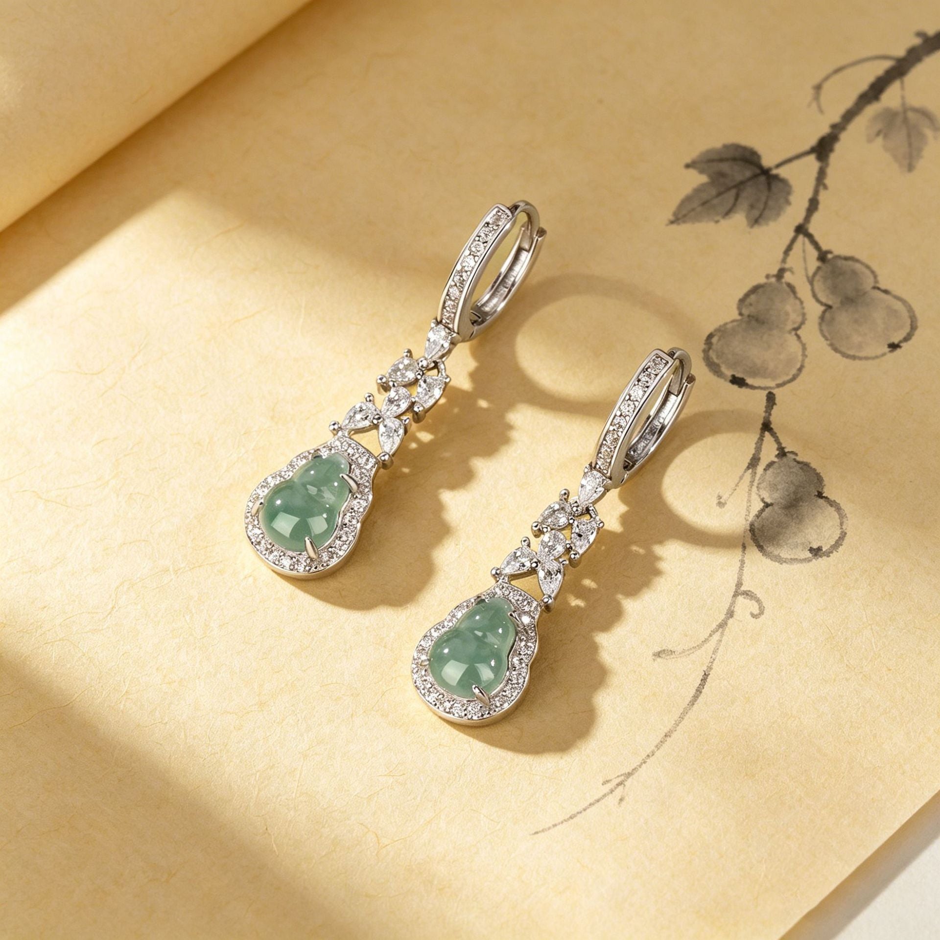 Gourd Drop Earrings For Women In 925 Sterling Silver With Jade Inlay, Elegant Stud Earrings