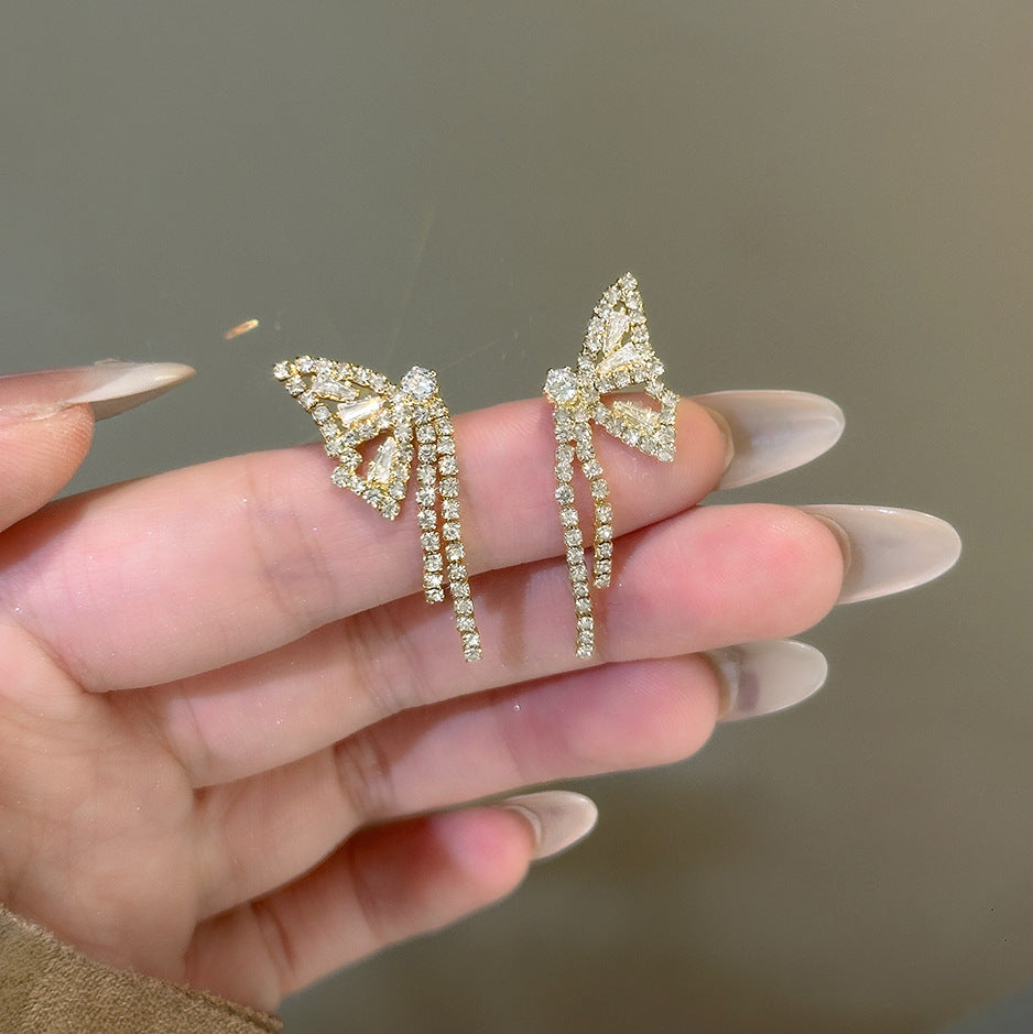 New Style Butterfly Tassel Earrings In Copper With Real Gold Plated Electroplated Finish And Rhinestone Inlay