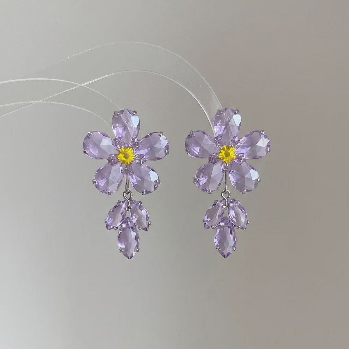 Elaborate Purple Flowers Earrings For Women With Rhinestones In Sweet Style, Made Of Zinc Alloy