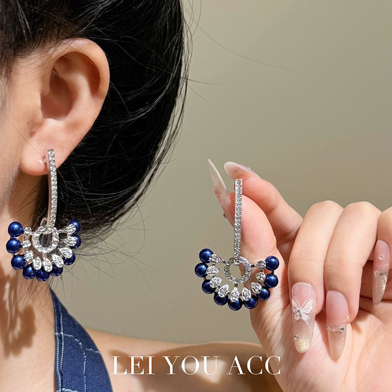 Dark Blue Flowers Earrings For Women Featuring Zinc Alloy With Rhinestones And 925 Sterling Silver Ear Pins