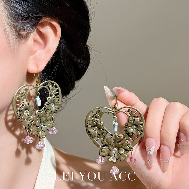 Heart Shape Tassel Earrings For Women In Bronze Zinc Alloy Featuring Sweet Style