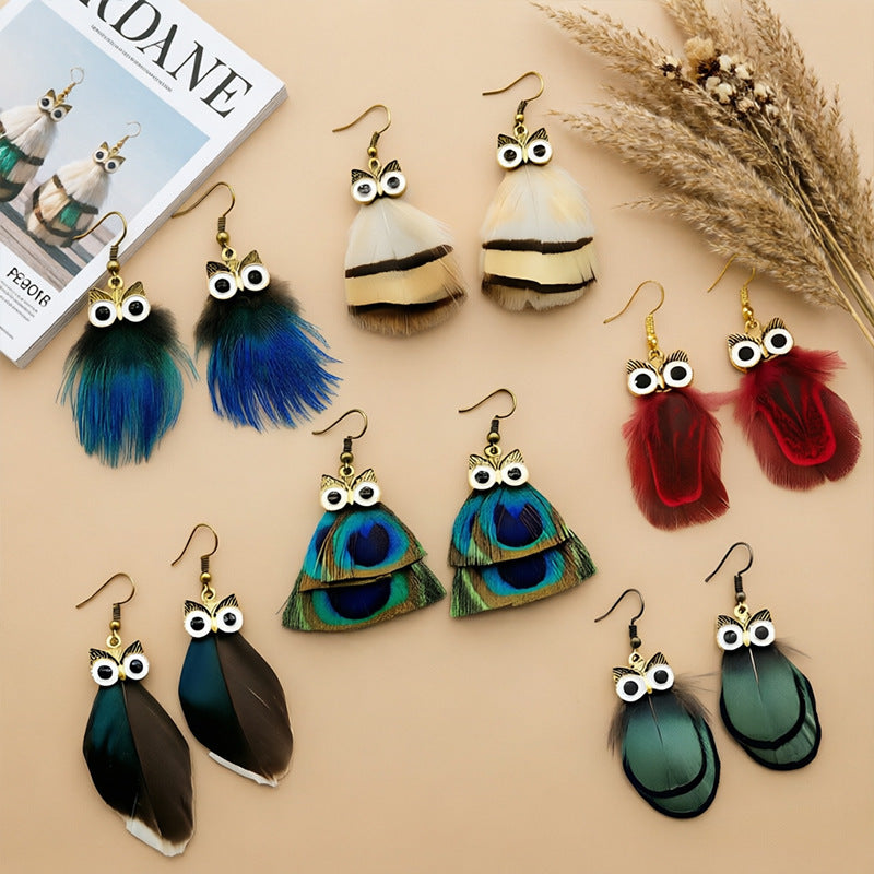 Bohemian Owl Tassel Feather Earrings For Women With Iron Ear Pins