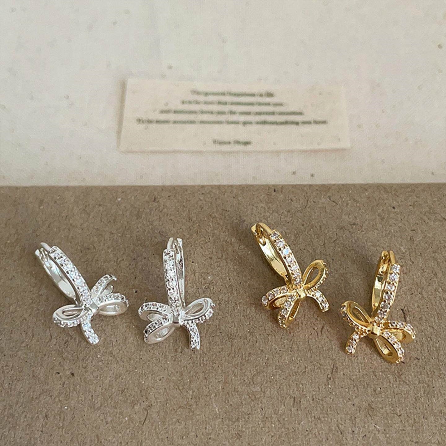 Gold Bow Tie Earrings For Women Featuring Copper Ear Pins And Zircon Inlay, 1 Pair