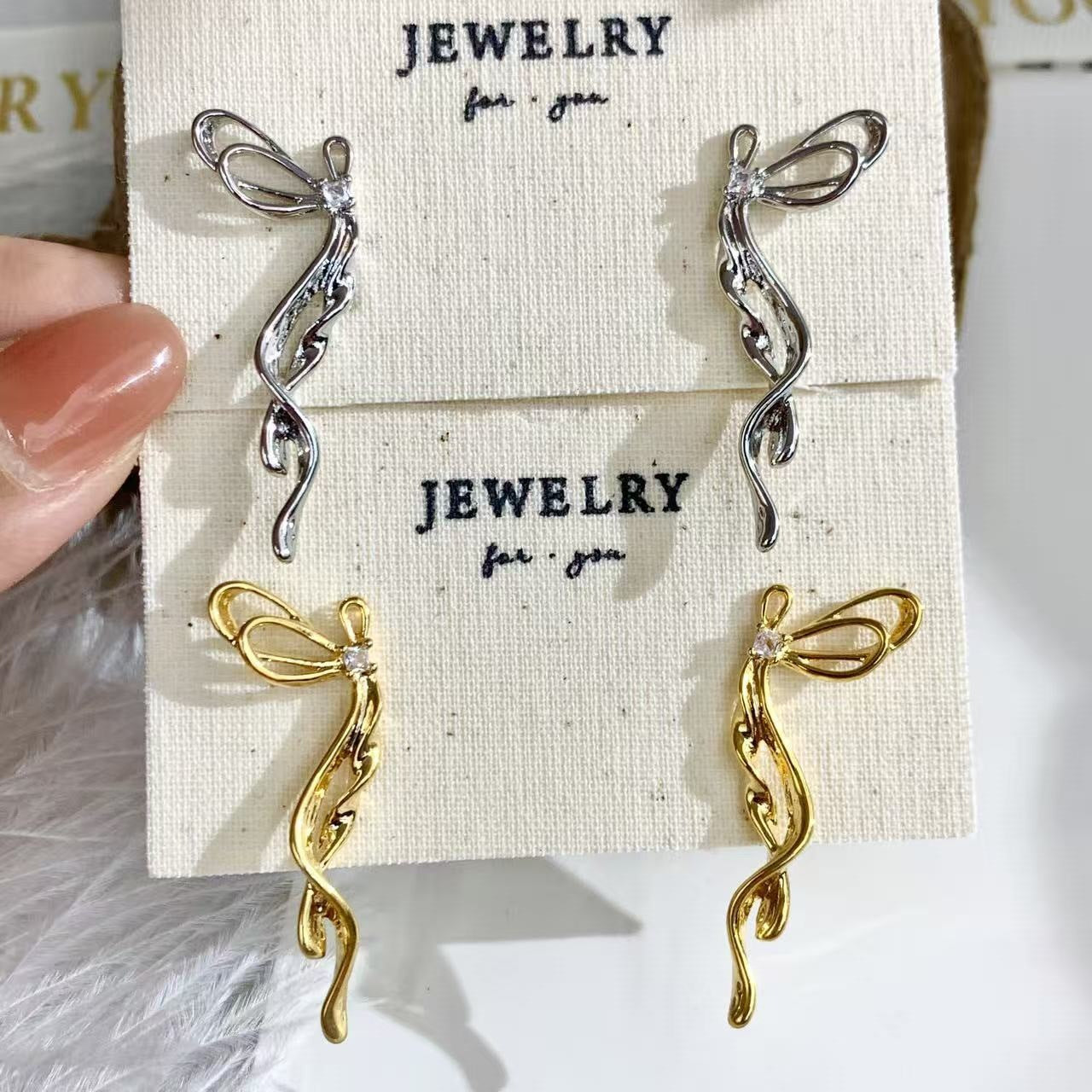 Sweet Style Gold Bow Tie Drop Earrings For Women In Copper With Zircon Inlay