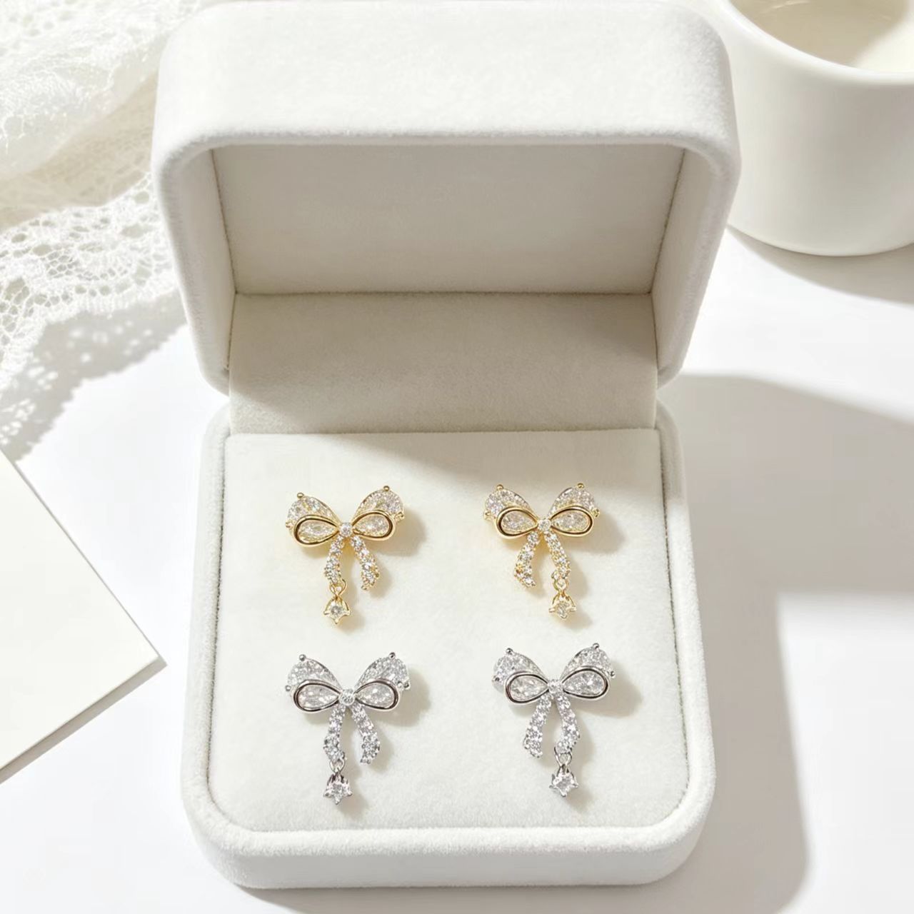 New Style Bow Tie Stud Earrings For Women With Copper, Real Gold Plated Finish, Zircon Inlay, 925 Sterling Silver Posts