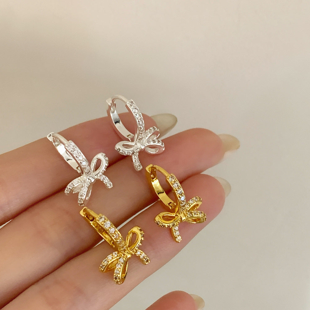 Gold Bow Tie Clip Earrings For Women With Copper Ear Pins And Zircon Inlay