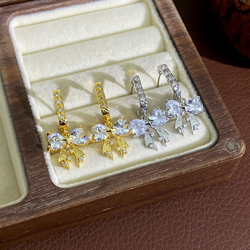 Bow Tie Earrings For Women With Copper Ear Pins Featuring Real Gold Plated Electroplated Finish And Zircon Inlay
