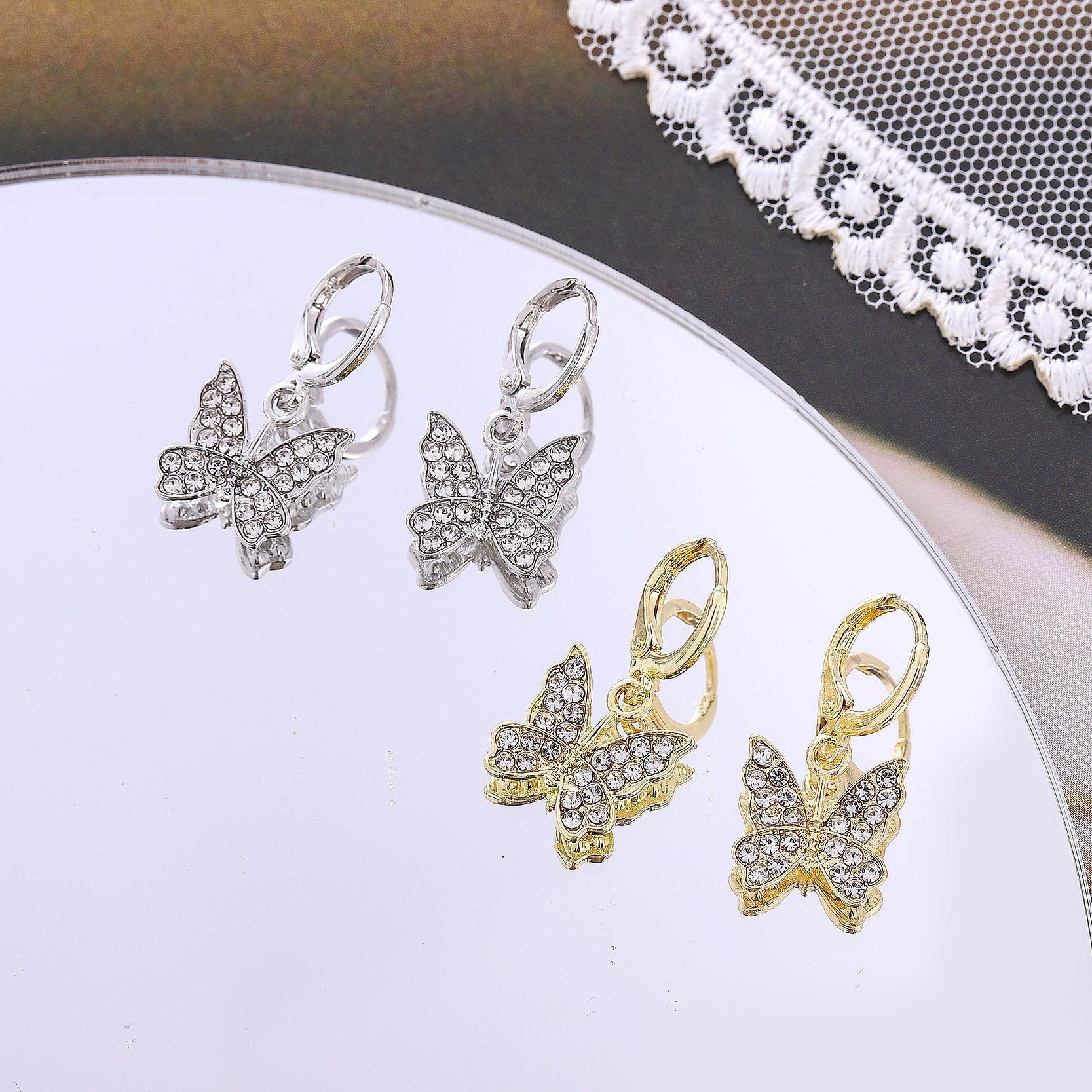 Butterfly Drop Earrings For Women In Gold Alloy Featuring Rhinestones With Copper Ear Pins