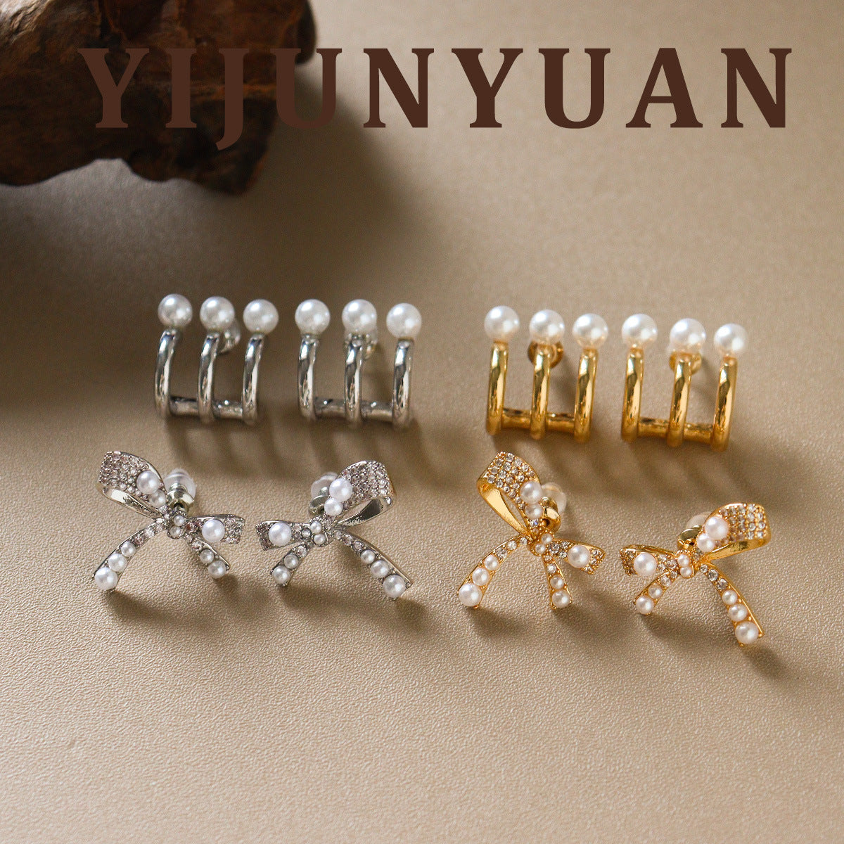 Gold Bow Tie Earrings For Women Featuring Copper With 925 Sterling Silver Ear Pins And Artificial Pearl Inlay