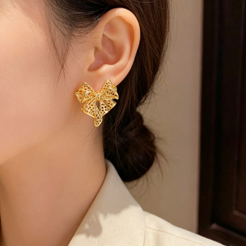 Real Gold Plated Copper Bow Tie Earrings For Women In Retro Style