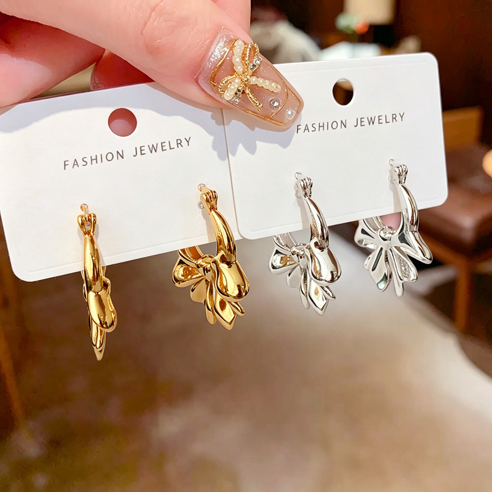 Gold Bow Tie Earrings For Women Featuring Electroplated Finish With Copper Alloy Copper Posts