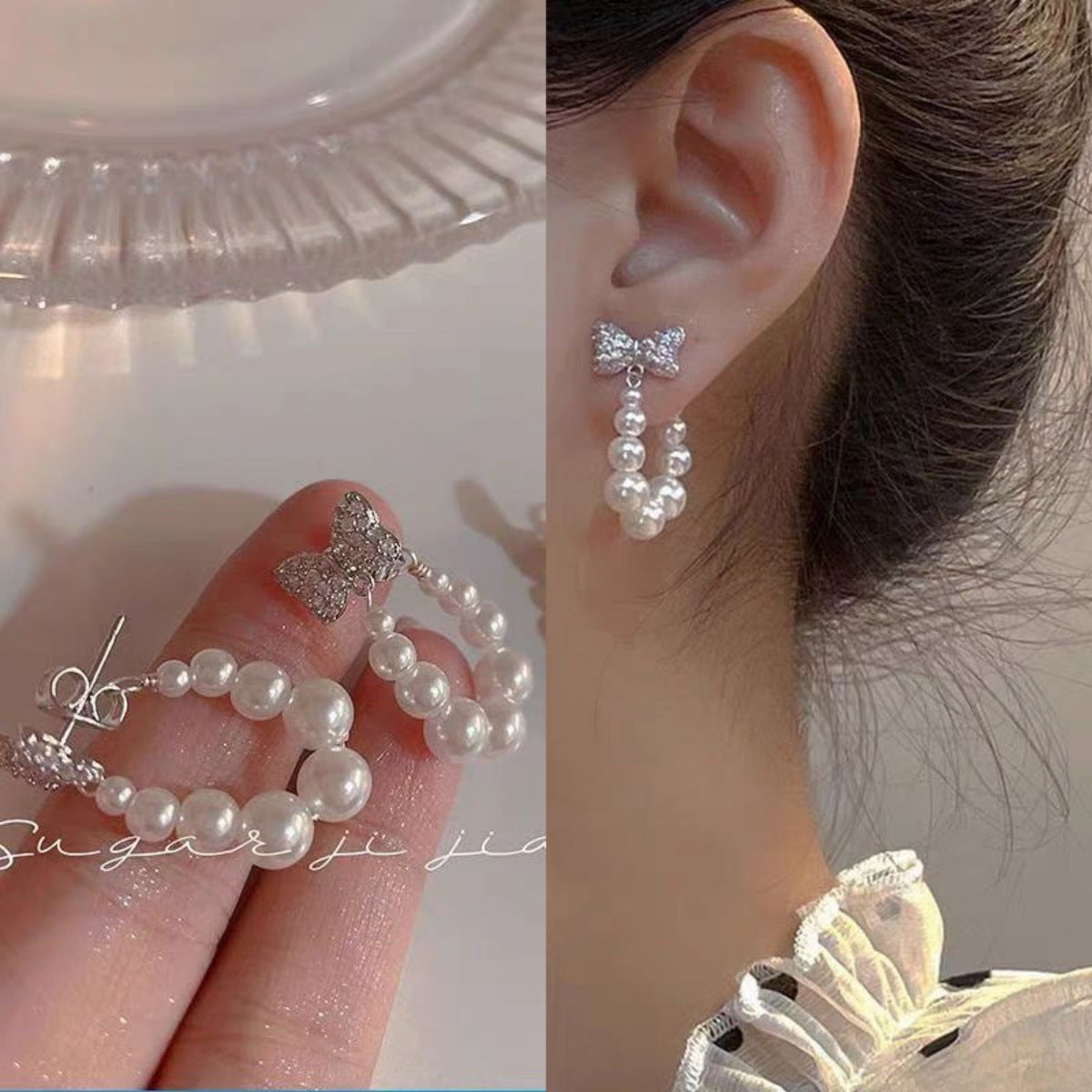 Sweet Gold Bow Tie Earrings For Women With Beading And Rhinestone Inlay In Metal Stud Design