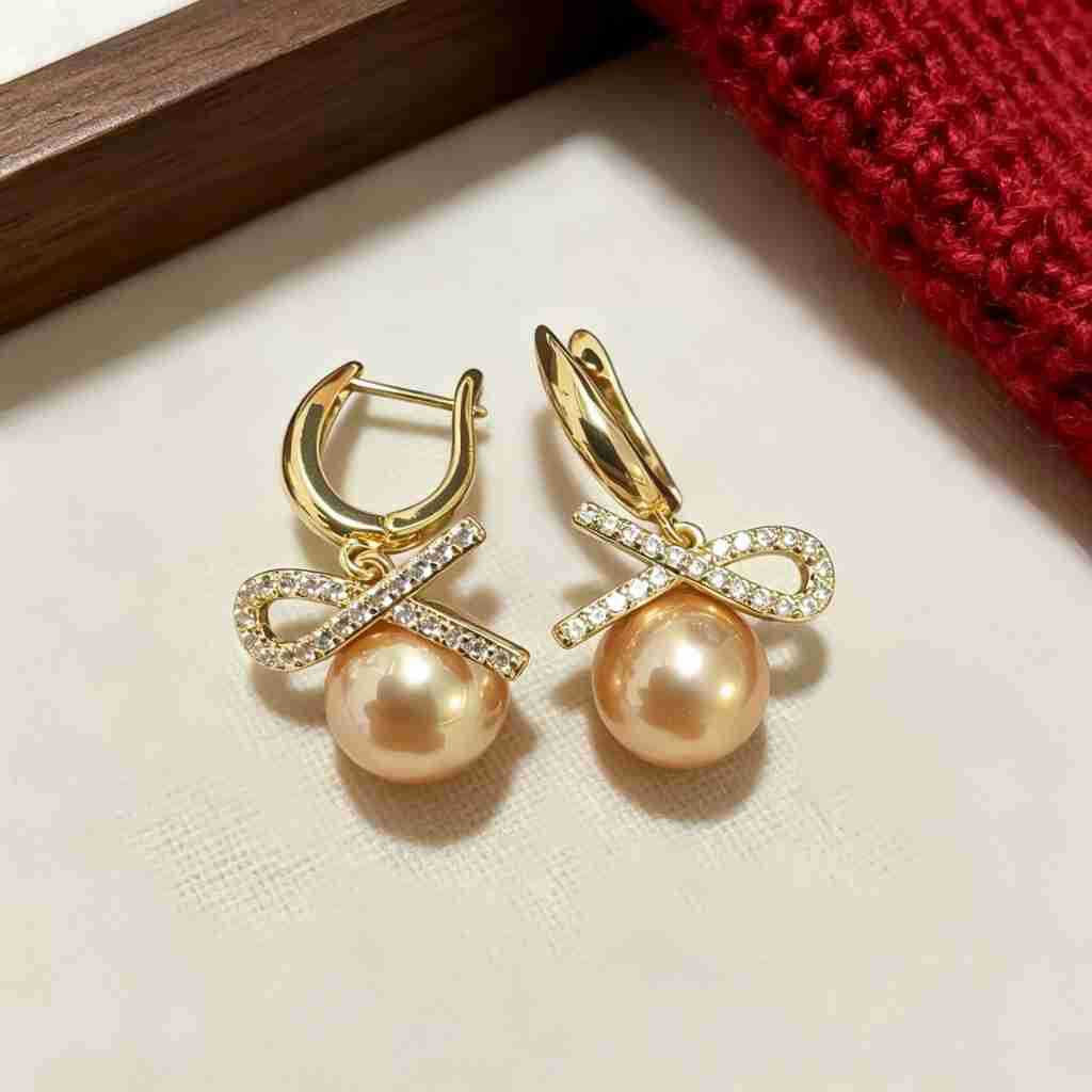 Gold Bow Tie Drop Earrings For Women In New Style, Made Of Copper With Rhinestone Inlay