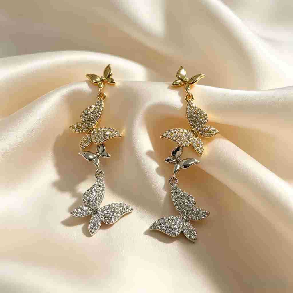 Gold Butterfly Drop Earrings For Women Featuring Copper Ear Pins And Zircon Inlay