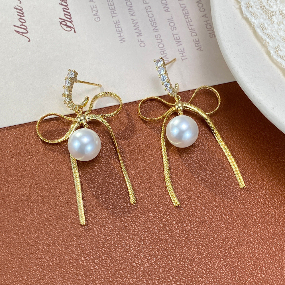Bow Tie Tassel Drop Earrings For Women With Copper Ear Pins, Real Gold Plated And Artificial Pearl Inlay