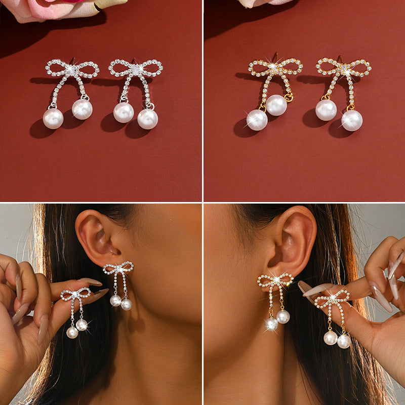 Bow Tie Earrings For Women With 925 Sterling Silver Posts, Sweet Style, Copper Base Electroplated With Rhinestones