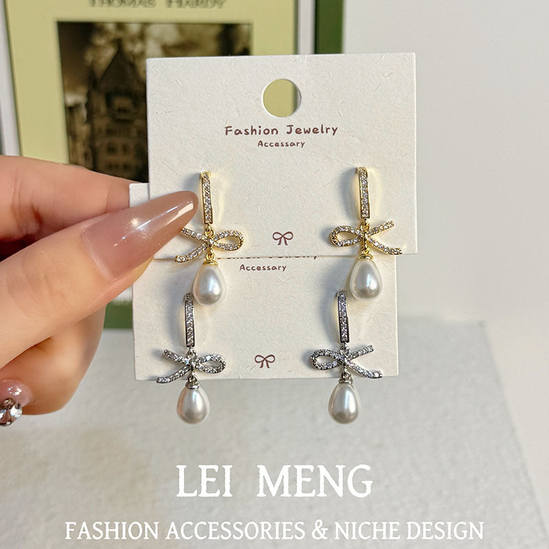 Gold Bow Tie Drop Earrings For Women With Copper Ear Pins And Artificial Pearl Inlay