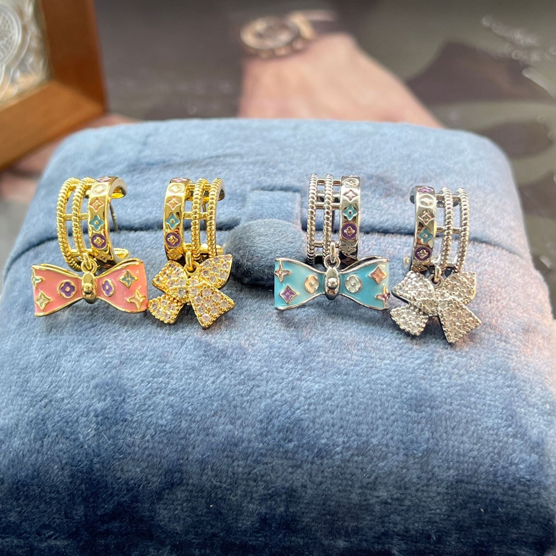 Bow Tie Earrings For Women Featuring Enamel Craft In Silver With 925 Sterling Silver Ear Pins And Copper Material