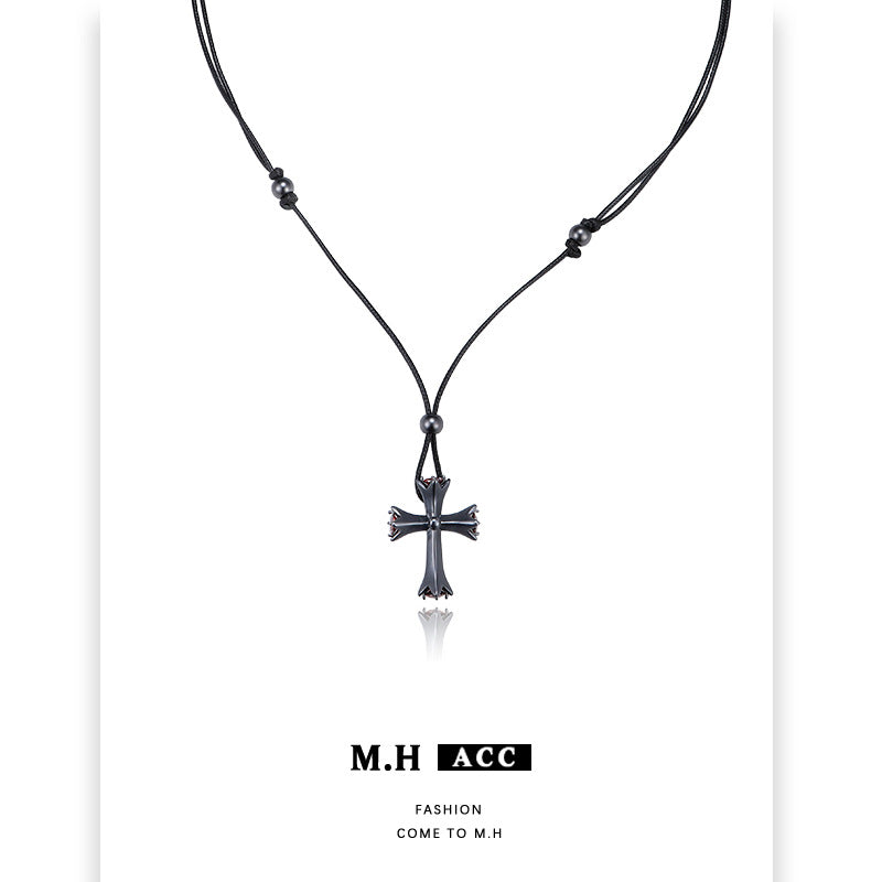 Cross Braid Sweater Chain Necklace In Dyed Black Alloy With Twisted Rope Chain, Designed For Women